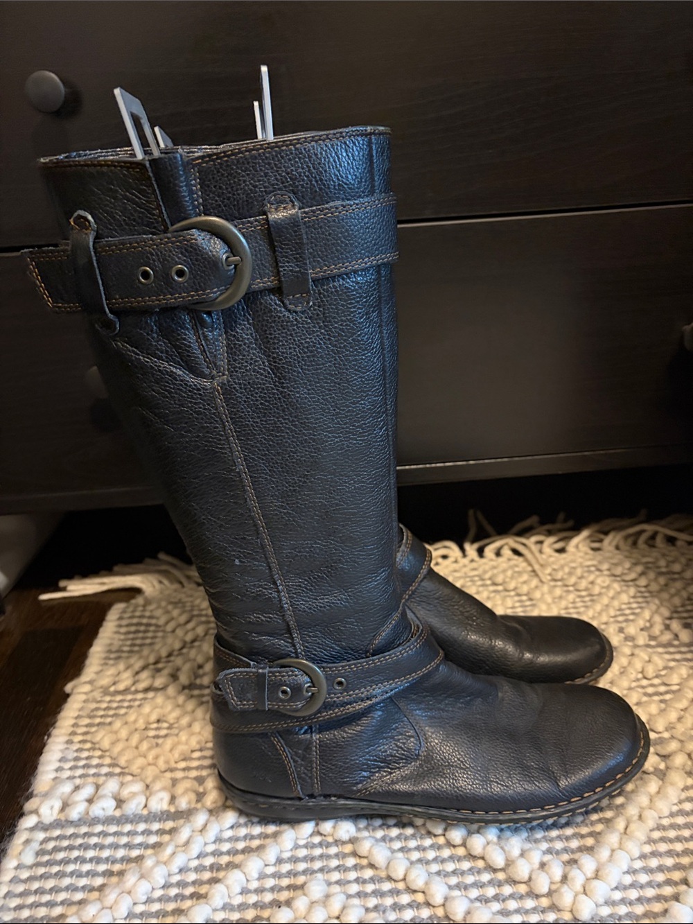 boc Black Leather Mid-Calf Buckle Riding Boots